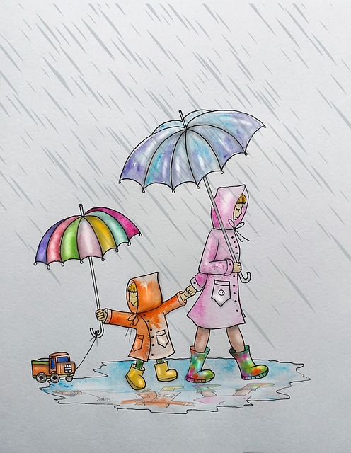 母亲和孩子, 下雨天, 户外