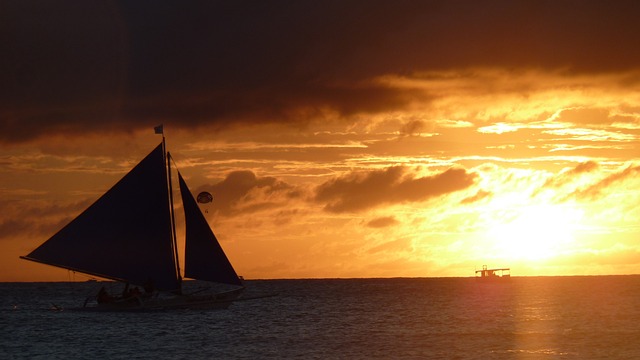 日落, 海岛, 帆船