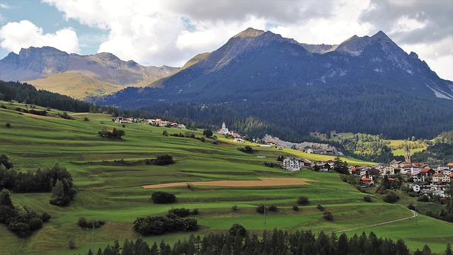 山, 阿尔卑斯山村, 绿色的草地