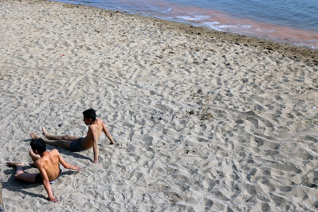 两个年幼的孩子, 海边, 沙